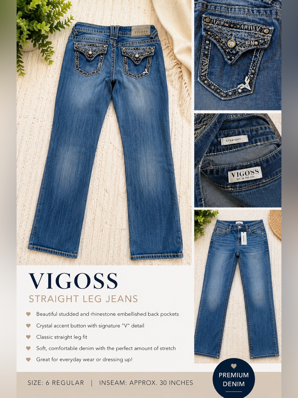 VIGOSS Straight Leg Jeans – Embellished Back Pockets | Women’s Size 6 Regular